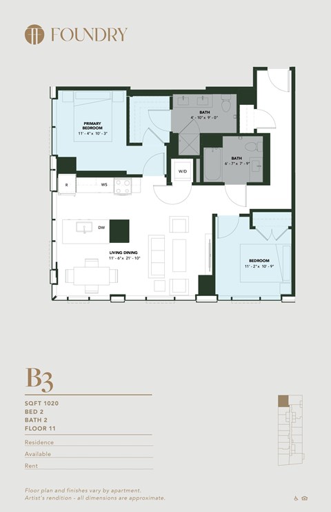 Floor plan for 2 beds, 2 baths, 1020 sqft